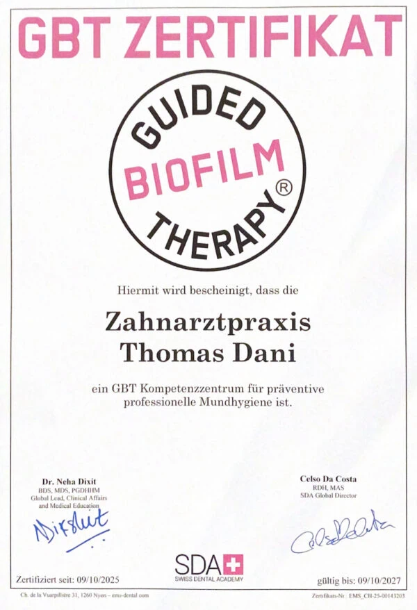 GBT-Zertifikat für die Zahnarztpraxis Dani - Die Praxis ist ein GBT-Zentrum für professionelle präventive Mundhygiene.